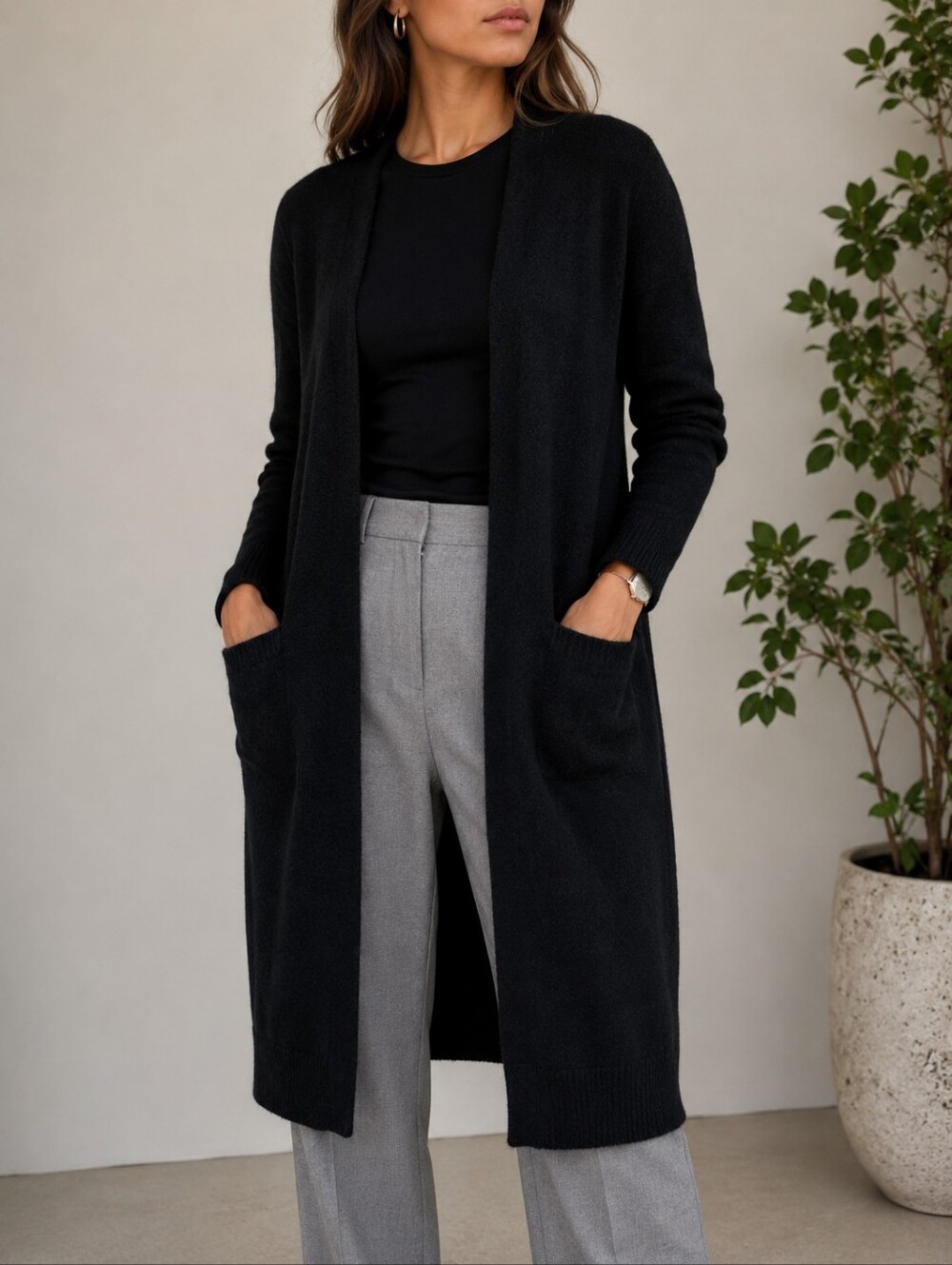 Halogen Black Wool Cashmere Blend Long Duster Cardigan Sweater Size XS